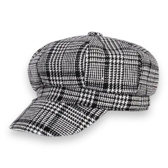 Plaid Black White Tweed Stiff Curve Brim Stylish Newsboy Cap NEW - Picture 1 of 3